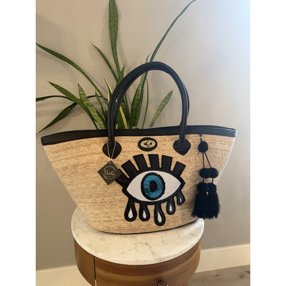 NWT Evil Eye- By Del Rio Large Straw Beach Tote Bag Black Leather Handles